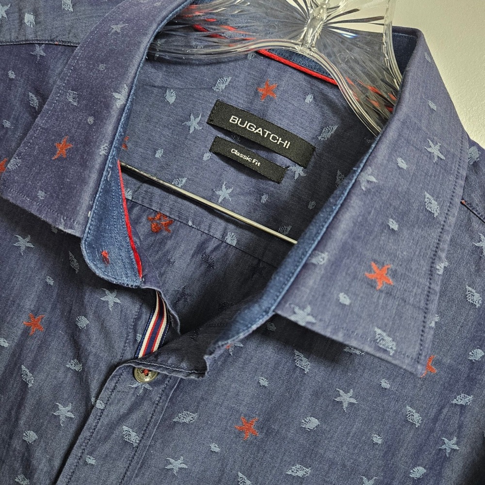 Bugatchi Shirt Starfish Classic Fit Short Sleeve Cotton Button Up Mens XL Blue